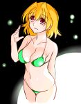  1girl arm_behind_back bangs bare_arms bikini black_background blonde_hair breasts cleavage collarbone cowboy_shot engo_(aquawatery) green_bikini grin groin hair_between_eyes hair_intakes halterneck long_hair lowleg lowleg_bikini lyrical_nanoha mahou_shoujo_lyrical_nanoha medium_breasts navel purple_eyes shamal sideboob sketch smile solo standing straight_hair swimsuit wading 