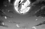  closed_mouth cloud commentary_request falling_leaves flying greyscale leaf lugia monochrome moon night no_humans outdoors pokemon pokemon_(creature) sky solo y_(036_yng) 