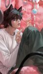  1boy animal_ears baggy_pants black_eyes black_hair blurry blurry_foreground cat_boy cat_ears cat_tail death_note feet_out_of_frame grey_pants hair_between_eyes jnkku kemonomimi_mode l_(death_note) long_sleeves looking_up male_focus pants shirt short_hair sitting solo spiked_hair tail white_shirt 