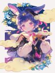  1girl ahoge animal_ear_fluff animal_ears bangs binoculars black_cape blue_flower border cape cloud commentary conago2 dot_nose flower frilled_shirt_collar frills highres holding holding_binoculars light_blush light_smile long_sleeves looking_at_viewer original pink_eyes puffy_long_sleeves puffy_sleeves purple_hair rabbit_ears shirt short_hair solo star_(symbol) symbol-only_commentary white_border white_cape white_shirt yellow_flower 