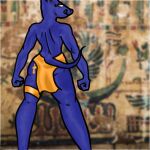  ambiguous_gender anthro anubian_jackal anubis black_nose black_tongue blue_body blurred_background bottomwear butt butt_tattoo canid canine canis clothed clothing deity egyptian egyptian_mythology gold_(metal) gold_clothing gold_jewelry jackal jewelry lazghul licking licking_lips loincloth looking_back male mammal middle_eastern_mythology mythology solo solo_focus tattoo tongue tongue_out tramp_stamp yellow_eyes 