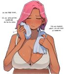  1girl blush breasts cleavage closed_eyes dark-skinned_female dark_skin earrings english_text jewelry large_breasts looking_at_viewer ohasi original pink_(ohasi) pink_hair plump short_hair simple_background solo sweat towel towel_around_neck white_background 