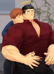  2boys alternate_costume asahi_(zabaniyan) bad_id bad_twitter_id bara black_hair blush collared_shirt eye_contact facial_hair feet_out_of_frame flaming_halo halo hand_on_hand head_on_another&#039;s_shoulder highres hug hug_from_behind indoors large_pectorals looking_at_another male_focus master_4_(housamo) mature_male multiple_boys muscular muscular_male partially_unbuttoned pectoral_cleavage pectorals shirt short_hair sideburns smile spiked_hair stubble thick_thighs thighs tokyo_afterschool_summoners unfinished yaoi yellow_eyes zabaniyya_(housamo) 