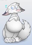  ambiguous_gender anthro belly big_belly biped canid canine claws fangs fox foxball fur hanging_belly hi_res looking_away mammal nude shy simple_background solo standing teeth white_body 