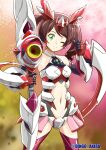  1girl bare_shoulders bodysuit bow_(weapon) breasts brown_hair closed_mouth green_eyes highres holding holding_bow_(weapon) holding_weapon itaba_yumi koizumi_akira_(artist) long_hair mecha_musume navel one_eye_closed red_thighhighs senki_zesshou_symphogear senki_zesshou_symphogear_xd_unlimited small_breasts thighhighs twintails weapon 