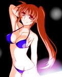  1girl arm_behind_back bangs bikini blue_bikini breasts brown_hair cleavage closed_mouth collarbone cowboy_shot engo_(aquawatery) floating_hair groin hair_between_eyes halterneck hand_in_own_hair long_hair lowleg lowleg_bikini lyrical_nanoha mahou_shoujo_lyrical_nanoha_strikers medium_breasts navel purple_eyes side_ponytail sideboob sketch smile solo standing swimsuit takamachi_nanoha very_long_hair 