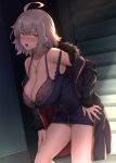  1girl :o ahoge black_dress blue_coat blush bra breasts cleavage coat dress fate/grand_order fate_(series) full-length_zipper fur-trimmed_coat fur-trimmed_jacket fur-trimmed_sleeves fur_trim hand_on_hip jacket jeanne_d&#039;arc_alter_(fate) jeanne_d&#039;arc_alter_(ver._shinjuku_1999)_(fate) jewelry large_breasts leaning_forward looking_at_viewer necklace official_alternate_costume open_clothes open_coat open_mouth partially_unzipped short_dress short_hair solo try_(lsc) underwear white_hair yellow_eyes zipper 