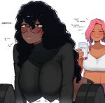  2girls barbell black_hair broccoli_(ohasi) dark-skinned_female dark_skin drink english_text glasses long_hair looking_at_viewer multiple_girls ohasi original pink_(ohasi) simple_background sweat turtleneck_crop_top very_dark_skin very_long_hair white_background 