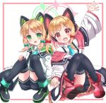  2girls :d animal_ear_headphones animal_ears arm_up bangs black_footwear black_shorts black_skirt black_thighhighs blonde_hair blue_archive blue_bow blue_necktie blush boots bow collared_shirt commentary_request fake_animal_ears green_eyes hair_bow halo headphones jacket long_sleeves looking_at_viewer midori_(blue_archive) momoi_(blue_archive) multiple_girls necktie pink_footwear pleated_skirt red_bow shirt short_shorts shorts siblings sidelocks sills sisters skirt smile thighhighs thighhighs_under_boots twins twitter_username white_background white_jacket white_shirt wide_sleeves 
