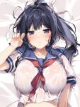  1girl bangs bed_sheet black_hair blue_sailor_collar blush breasts closed_mouth collarbone commentary hair_between_eyes hair_ribbon highres karory large_breasts long_hair looking_at_viewer lying on_back original ponytail purple_eyes ribbon sailor_collar school_uniform serafuku shirt short_sleeves sidelocks solo symbol-only_commentary upper_body watermark wet wet_clothes wet_shirt white_shirt 