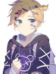  1boy backpack bag bandage_on_clothing bandage_on_face bandages black_hoodie blonde_hair blue_eyes hair_ornament hairclip hood hoodie kagamine_len long_sleeves purple_bag short_hair short_ponytail sinaooo solo vocaloid white_background 