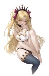  1girl absurdres anklet armlet bandeau bangs bare_arms bare_shoulders black_choker black_thighhighs blonde_hair breasts choker cleavage commentary_request cosplay ereshkigal_(fate) fate/grand_order fate_(series) hair_ribbon highres ishtar_(fate) ishtar_(fate)_(cosplay) jewelry large_breasts long_hair looking_at_viewer midriff navel open_mouth orange_eyes red_ribbon ribbon shenqi_xiao_hong_zai_nali simple_background single_thighhigh solo stomach strapless thighhighs tiara tube_top two_side_up very_long_hair white_background 