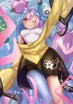  1girl bow-shaped_hair character_hair_ornament grey_pantyhose hair_ornament hexagon_print highres iono_(pokemon) jacket long_hair low-tied_long_hair multicolored_hair oversized_clothes pantyhose pokemon pokemon_(game) pokemon_sv sharp_teeth shounen_(hogehoge) single_leg_pantyhose sleeves_past_fingers sleeves_past_wrists solo split-color_hair star_(symbol) star_in_eye symbol_in_eye teeth very_long_sleeves yellow_jacket 