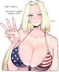  1girl american_flag american_flag_print bangs bare_arms bare_shoulders bikini blonde_hair blush breasts cleavage collarbone english_text flag_print green_eyes large_breasts long_hair ohasi one_eye_closed original parted_bangs shiny shiny_hair shiny_skin solo striped_bodysuit sweat swimsuit upper_body 