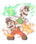  2boys blue_eyes brothers brown_footwear brown_hair buttons closed_mouth fire fire_luigi fire_mario full_body gloves green_fire green_pants hat hoshikuzu_pan long_sleeves looking_away luigi male_focus mario mario_(series) multiple_boys overalls pants pyrokinesis red_pants serious shirt shoes short_hair siblings simple_background standing v-shaped_eyebrows white_background white_gloves white_headwear white_shirt 