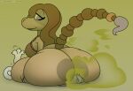  alolan_form alolan_vulpix anthro big_breasts biped bottomless breasts brown_body brown_hair clothed clothing dominant duo fart fart_cloud female foxball fur generation_7_pokemon hair looking_back lying male male/female mudsdale nintendo on_back pokemon pokemon_(species) rear_view regional_form_(pokemon) simple_background sitting size_difference smile solo_focus topwear video_games 