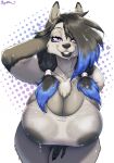  5_fingers absurd_res anthro areola big_breasts black_hair black_nose blue_hair blue_highlights blush bottomless breasts canid canine canis chest_tuft cleavage clothed clothing cornstick coyote curvy_figure digital_media_(artwork) eyelashes female fingers fox fur genitals grey_body grey_fur hair hi_res highlights_(coloring) huge_breasts hybrid long_hair looking_at_viewer mammal narrowed_eyes navel nipples pigtails purple_eyes shirt simple_background smile solo thick_thighs topwear translucent translucent_clothing tuft voluptuous wet wet_clothing white_clothing white_shirt white_topwear wide_hips zenocoyote_(oc) 