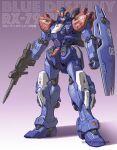  absurdres artist_name beam_saber blue_destiny_02 character_name clenched_hand commentary_request full_body green_eyes gun gundam gundam_side_story:_the_blue_destiny highres holding holding_gun holding_weapon maeda_hiroyuki mecha mobile_suit no_humans redesign robot science_fiction shadow shield solo standing v-fin weapon zeon 
