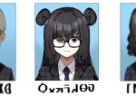  1girl absurdres alternate_costume alternate_hair_color alternate_hairstyle black_hair double_bun glasses hair_bun highres iono_(pokemon) koiso_usu long_hair magnet necktie nervous photo_(object) pokemon pokemon_(game) pokemon_sv purple_eyes school_uniform wavy_eyes wavy_mouth 