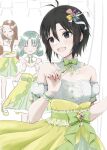  3girls arm_cuffs black_hair bow brown_hair dress green_dress green_hair hair_bow hand_up idolmaster idolmaster_(classic) idolmaster_2 idolmaster_million_live! idolmaster_million_live!_theater_days kikuchi_makoto long_hair matching_outfit medium_hair minase_iori mogskg multiple_girls open_mouth short_hair smile strapless strapless_dress tokugawa_matsuri 