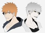  2boys asure_(asure_twi) black_sclera bleach blue_tongue brown_eyes collarbone colored_sclera colored_tongue earrings fang grey_hair highres hollow_ichigo jewelry kurosaki_ichigo male_focus multiple_boys orange_hair pale_skin piercing short_hair spiked_hair tongue tongue_piercing yellow_eyes 