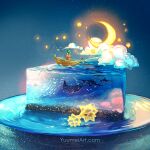  1girl boat cake cloud commentary crescent_moon dress english_commentary fish fishing fishing_rod food green_hair highres manta_ray moon night original plate red_dress sand short_hair sitting star_(sky) table water watercraft watermark web_address yuumei 