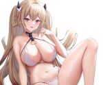  1girl absurdres alternate_costume anchorage_(azur_lane) azur_lane bare_arms bare_legs bare_shoulders bikini black_choker breasts brown_hair choker cleavage feet_out_of_frame frilled_bikini frills hair_ornament halterneck hand_up highres knee_up large_breasts long_hair looking_at_viewer multi-strapped_bikini navel open_mouth pink_eyes revision shenqi_(toid310) simple_background sitting skindentation smile solo stomach string_bikini swimsuit thighs two_side_up very_long_hair wet white_background white_bikini 