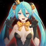  1girl :d bangs black_gloves blue_eyes blue_hair bow bowtie breasts cleavage crown fangs food-themed_hair_ornament gloves hair_between_eyes hair_ornament halloween halloween_costume hatsune_miku long_hair looking_at_viewer medium_breasts mini_crown pointy_ears pumpkin_hair_ornament shiny shiny_hair smile solo strapless twintails upper_body very_long_hair vocaloid yellow_bow yellow_bowtie zuiai_gongzhu_dianxia 