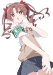  1girl :o black_skirt bow brown_hair hair_bow ixy looking_at_viewer open_mouth red_bow red_eyes school_uniform shirai_kuroko short_sleeves simple_background skirt solo sweater_vest toaru_kagaku_no_railgun toaru_majutsu_no_index tokiwadai_school_uniform twintails white_background 