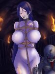  1girl arms_behind_back bdsm bodysuit bondage bound breast_bondage breasts collar defeat dungeon fate/grand_order fate_(series) gagged hao718 highres horns large_breasts leash long_hair metal_collar minamoto_no_raikou_(fate) oni purple_bodysuit purple_eyes purple_hair restrained rope shibari single_horn tongue tongue_out torch torn_bodysuit torn_clothes very_long_hair 