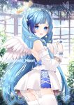  1girl :d absurdres animal ass bangs bare_shoulders blue_eyes blue_gemstone blue_hair braid breasts bug butterfly chitetan commentary_request day detached_sleeves dress feathered_wings frilled_dress frills garter_straps gem hair_ornament halo highres indie_virtual_youtuber indoors large_breasts long_hair long_sleeves looking_at_viewer looking_to_the_side multicolored_hair sasayaki_hisori smile solo star_(symbol) star_hair_ornament streaked_hair thighhighs twitter_username very_long_hair virtual_youtuber white_dress white_sleeves white_thighhighs white_wings wings 