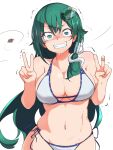  1boy @_@ asymmetrical_hair bikini blush breasts cleavage clenched_hand cold collarbone commentary_request double_v frog frog_hair_ornament furorina green_eyes green_hair hair_ornament hands_up highres ice kochiya_sanae large_breasts leaf long_hair looking_at_viewer navel nose_blush side-tie_bikini_bottom side_ponytail single_hair_tube skindentation snake snake_hair_ornament solo stomach sweat swimsuit touhou trembling turn_pale upper_body v v-shaped_eyebrows very_long_hair wavy_mouth wind 