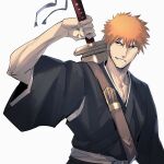  1boy asure_(asure_twi) bleach brown_eyes collarbone commentary highres holding kurosaki_ichigo long_sleeves looking_at_viewer male_focus orange_hair sheath sheathed short_hair solo sword upper_body weapon wide_sleeves 