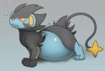  ambiguous_gender belly big_belly black_body blue_body embarrassed fangs feral foxball fur generation_4_pokemon hanging_belly looking_back luxray multicolored_body nintendo nude pokemon pokemon_(species) raised_tail simple_background solo standing teeth video_games 