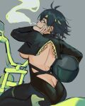  1girl back backless_outfit bangs black_hair black_jacket breasts butt_crack chainsaw_man cigarette cropped_jacket ear_piercing green_eyes green_nails green_theme grey_background ground_vehicle harley_davidson headwear_removed helmet helmet_removed high_heels highres himeno_(chainsaw_man) jacket large_breasts liowig looking_at_viewer looking_back motor_vehicle motorcycle motorcycle_helmet multiple_piercings on_motorcycle piercing short_hair simple_background smoke smoking solo underboob 