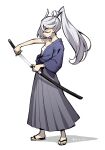  1girl ahoge alternate_costume blue_kimono closed_mouth collarbone commentary_request feet from_side grey_hair grey_hakama gundam gundam_suisei_no_majo hadanugi_dousa hair_between_eyes hakama hakama_skirt heebee high_ponytail holding holding_sheath holding_sword holding_weapon japanese_clothes katana kimono long_hair looking_ahead miorine_rembran open_clothes open_kimono sandals sarashi shadow sheath simple_background single_bare_shoulder skirt solo standing sword toes unsheathing weapon white_background zouri 