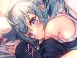  1girl :&lt; bangs bare_shoulders blue_eyes blush bow detached_sleeves frown green_hair hair_bow hair_ornament hairclip hatsune_miku heart heart_hair_ornament long_hair looking_at_viewer lying number_tattoo pink_bow shiny shiny_hair shiny_skin shiomizu_(swat) solo tattoo twitter_username upper_body vocaloid 