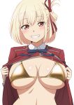  1girl bad_hands bangs bikini blonde_hair blue_ribbon blush bob_cut breasts clothes_pull gold_bikini grin hair_ribbon highres large_breasts looking_at_viewer lycoris_recoil lycoris_uniform mibushiro neck_ribbon nishikigi_chisato one_side_up open_clothes pulled_by_self red_eyes red_ribbon ribbon short_hair simple_background skindentation small_hands smile solo swimsuit teeth upper_body white_background 