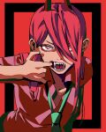  1girl bangs chainsaw_man collared_shirt cross-shaped_pupils finger_in_own_mouth green_necktie hair_between_eyes highres long_hair looking_at_viewer necktie open_mouth pink_shirt power_(chainsaw_man) red_background red_eyes red_hair red_theme riki_(riki_unc) sharp_teeth shirt solo symbol-shaped_pupils teeth 