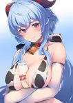  1girl absurdres ahoge animal_print arms_under_breasts bell between_breasts bikini blue_hair blush bottle breasts closed_mouth collar collarbone cow_print crossed_arms dot_nose elbow_gloves ganyu_(genshin_impact) genshin_impact gloves goat_horns gradient_eyes highres horns inuinuo_gataken jingle_bell large_breasts low_ponytail milk_bottle multicolored_eyes neck_bell raised_eyebrows red_collar red_eyes sidelocks solo swimsuit upper_body wavy_hair wet yellow_eyes 