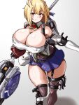  1girl blonde_hair blue_skirt breasts claire_victorious cleavage detached_collar god_eater god_eater_3 highres hizakake huge_breasts light_frown short_hair simple_background skirt solo white_background yellow_eyes 