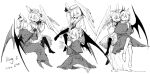  2girls bat_wings capelet chinese_commentary closed_mouth commentary_request dated dress english_text frilled_dress frills gloves greyscale halo head_wings highres horns long_sleeves malvo monochrome multiple_girls multiple_views original pantyhose screentones short_hair smile sweat wings 