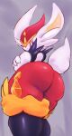 2022 anthro big_butt butt cinderace female generation_8_pokemon hi_res kiseff lagomorph looking_at_viewer looking_back looking_back_at_viewer mammal nintendo pokemon pokemon_(species) red_body red_eyes simple_background solo thick_thighs video_games white_body 