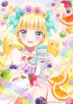  1girl :d absurdres aqua_bow artist_name bangs blonde_hair blue_eyes blunt_bangs bow brooch cup cure_finale cure_finale_(party_up_style) delicious_party_precure dot_nose elbow_gloves flower food food-themed_background frills fruit gloves grapes hair_flower hair_ornament heart_brooch highres holding holding_cup hoshinokuzu_alice jewelry kasai_amane long_hair looking_at_viewer magical_girl open_mouth orange_(fruit) orange_slice precure puffy_sleeves rainbow rainbow_background see-through see-through_sleeves sitting smile solo sparkle star_(symbol) star_hair_ornament strawberry twitter_username veil whipped_cream white_gloves 