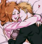  1boy 1girl black_bra bleach bra breasts closed_eyes happy heart hetero highres hug inoue_orihime kurosaki_ichigo lace-trimmed_bra lace_trim large_breasts long_sleeves orange_hair parted_lips pink_sweater rozuberry short_hair sweater teeth underwear upper_body upper_teeth 