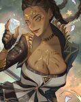  1girl apex_legends artist_name astral_treasure_loba black_gloves black_jacket black_skirt braid breasts brown_eyes brown_hair cleavage cropped cropped_jacket dark-skinned_female dark_skin diamond_(gemstone) fingerless_gloves gem gloves gold_choker hair_behind_ear highres holding holding_gem holding_staff jacket loba_(apex_legends) looking_up medium_breasts miniskirt official_alternate_costume reikichi shirt skirt smile solo staff star_(symbol) strapless strapless_shirt striped striped_shirt twin_braids 