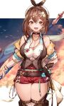  1girl :d atelier_(series) atelier_ryza atelier_ryza_3 azur_lane belt black_choker black_hairband blurry blurry_background boots bottle braid breasts brown_belt brown_eyes brown_footwear brown_gloves brown_hair brown_vest choker cleavage collarbone cowboy_shot earrings falling_leaves gloves hair_between_eyes hairband highres holding holding_staff holster jacket jewelry large_breasts leaf looking_at_viewer necklace off_shoulder red_shorts reisalin_stout shirt short_shorts shorts single_earring single_glove sleeveless sleeveless_shirt smile staff star_(symbol) star_earrings teeth thick_thighs thigh_boots thigh_gap thigh_holster thighhighs thighs upper_teeth vest white_headwear white_shirt white_thighhighs yusha_m 
