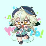  1girl \m/ alternate_costume animal_ears arikuigames1105 baseball_cap beamed_sixteenth_notes blue_footwear blue_headwear blue_shorts braid braided_ponytail breasts chain_necklace chibi cleavage collarbone contemporary eighth_note english_text genshin_impact glasses green_hair green_jacket hair_between_eyes hair_flaps hands_up hat highres holding holding_microphone hood hooded_jacket jacket jewelry jitome laces leg_up light_blue_background light_green_hair long_sleeves microphone multicolored_hair musical_note necklace open_clothes open_jacket open_mouth orange_eyes partially_unzipped primogem rapping refraction semi-rimless_eyewear shirt short_hair shorts small_breasts solo standing standing_on_one_leg star_(symbol) streaked_hair sucrose_(genshin_impact) track_jacket twin_braids white_shirt wire zipper zipper_pull_tab 