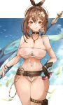  1girl :q arm_strap ass_visible_through_thighs atelier_(series) atelier_ryza azur_lane bangs bare_shoulders belt bikini blush braid breasts brown_belt brown_eyes brown_gloves brown_hair brown_ribbon choker cleavage closed_mouth collarbone earrings gloves hair_between_eyes hair_ornament hair_ribbon hairclip hat highres jewelry large_breasts leather leather_belt leather_gloves lips looking_at_viewer navel necklace pubic_hair pubic_hair_peek reisalin_stout ribbon see-through short_hair single_glove skindentation smile solo standing star_(symbol) star_earrings swimsuit thick_thighs thigh_gap thigh_pouch thighs tongue tongue_out vial white_bikini white_headwear yusha_m 
