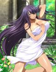  1girl bare_arms bare_legs breasts cleavage closed_mouth collarbone day floating_hair flower grey_eyes hair_over_one_eye hand_in_own_hair ikkitousen kan&#039;u_unchou large_breasts long_hair looking_at_viewer low-tied_long_hair naked_towel outdoors pink_flower purple_hair shiny shiny_hair shiny_skin smile solo towel very_long_hair yellow_flower 